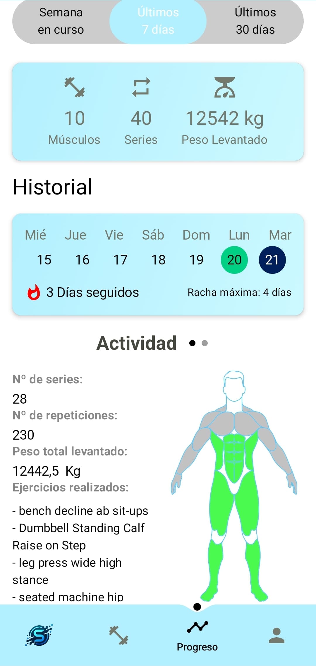 Pantalla de progreso de entrenamiento en Sport-IA