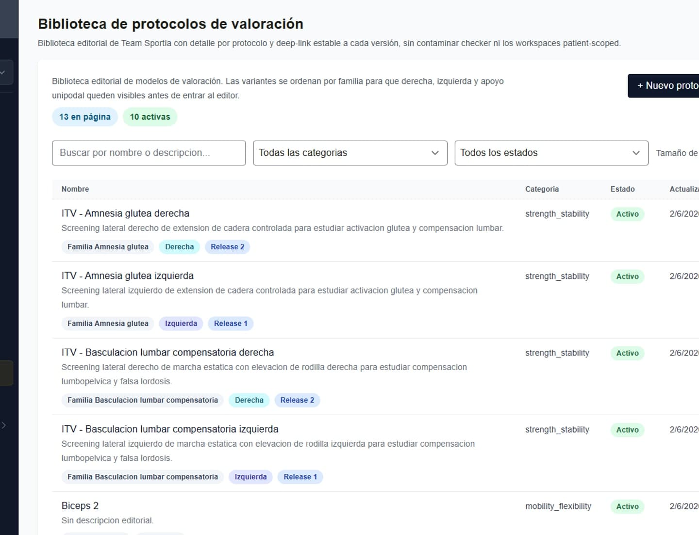 Biblioteca de protocolos de valoracion en Sport-IA