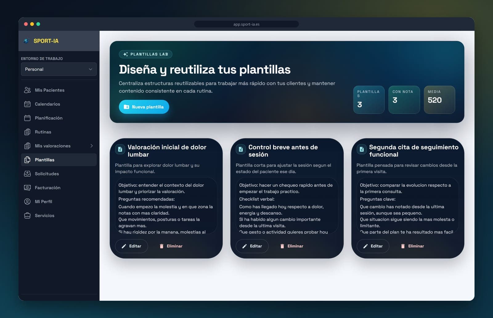 Plantillas reutilizables para profesionales en Sport-IA