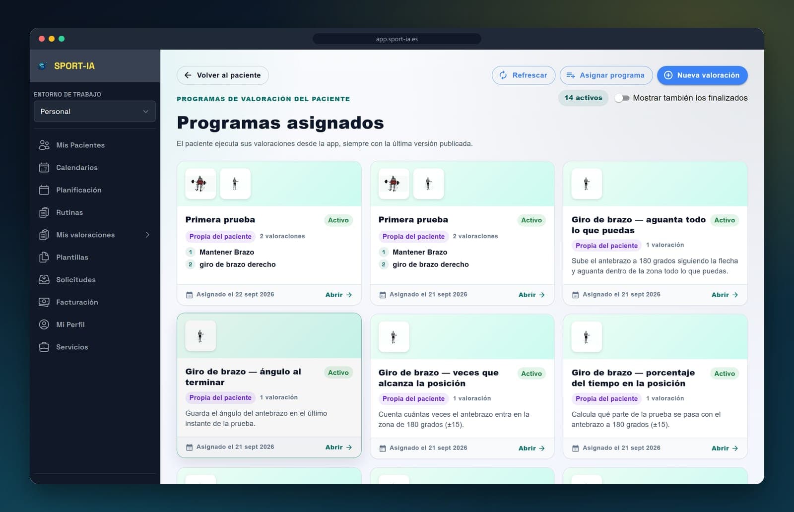 Programas de valoración asignados a un paciente en Sport-IA